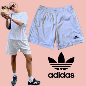 Classic Adidas white-on-white 3-stripes shorts in size L